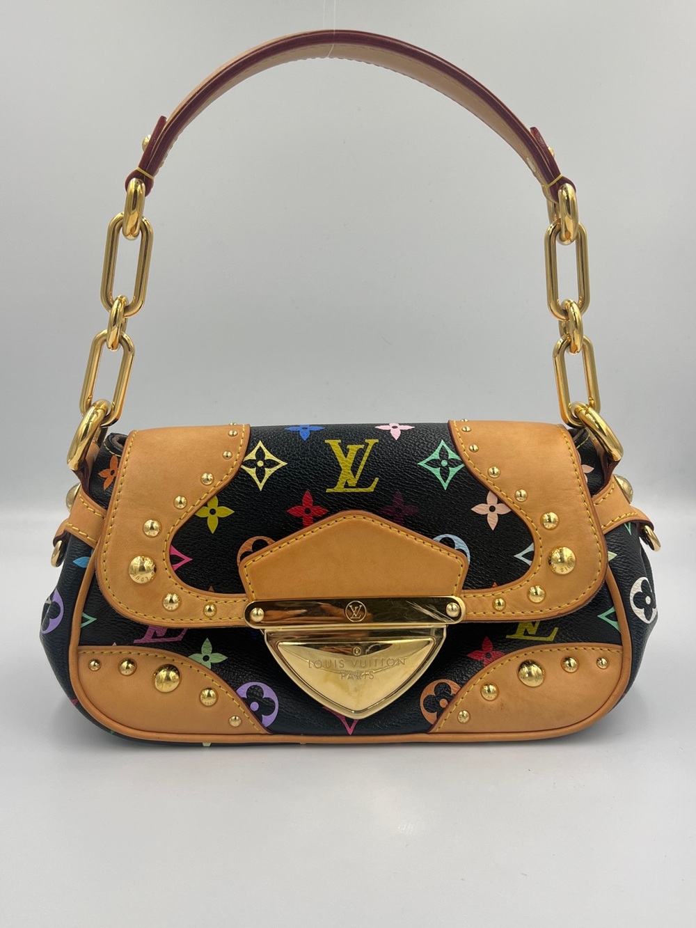 Louis Vuitton Black Multicolor Monogram with Tan Leather Shoulder Bag
